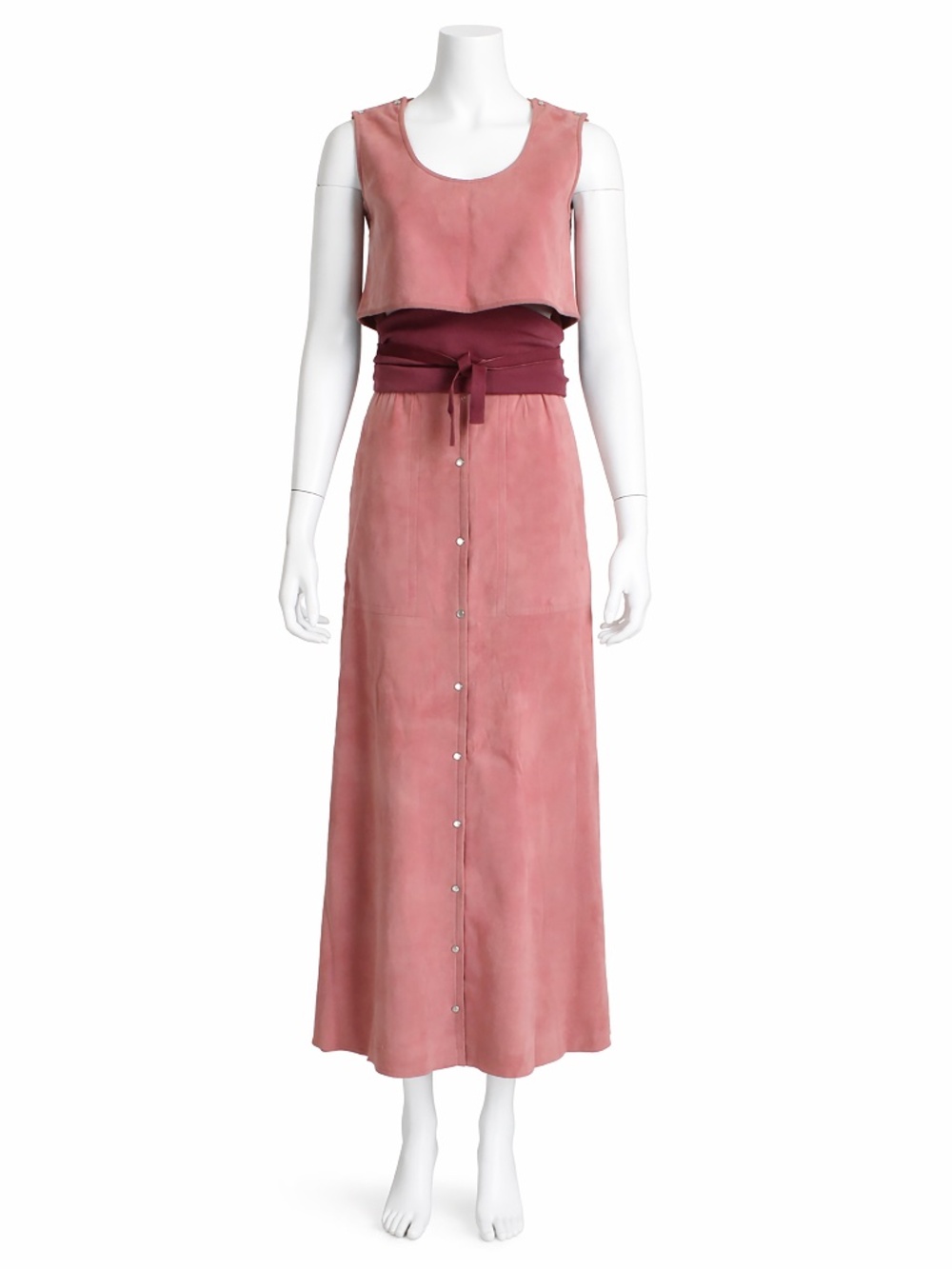 Bonnie Cashin Crop Top, Maxi Skirt + Obi Belt 3pc Set Pink Suede 1970s